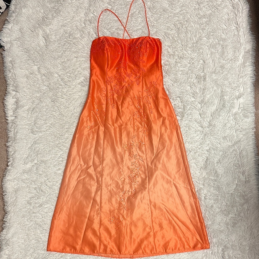 90’s/Y2K JUMP Apparel Orange Spaghetti Strap Bejeweled fairy Dress